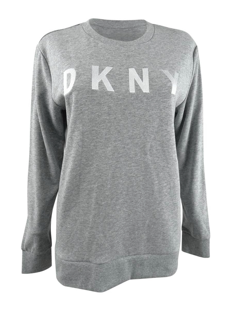 DKNY Women's Gray Printed Long Sleeve Crew Neck Sweater (XS